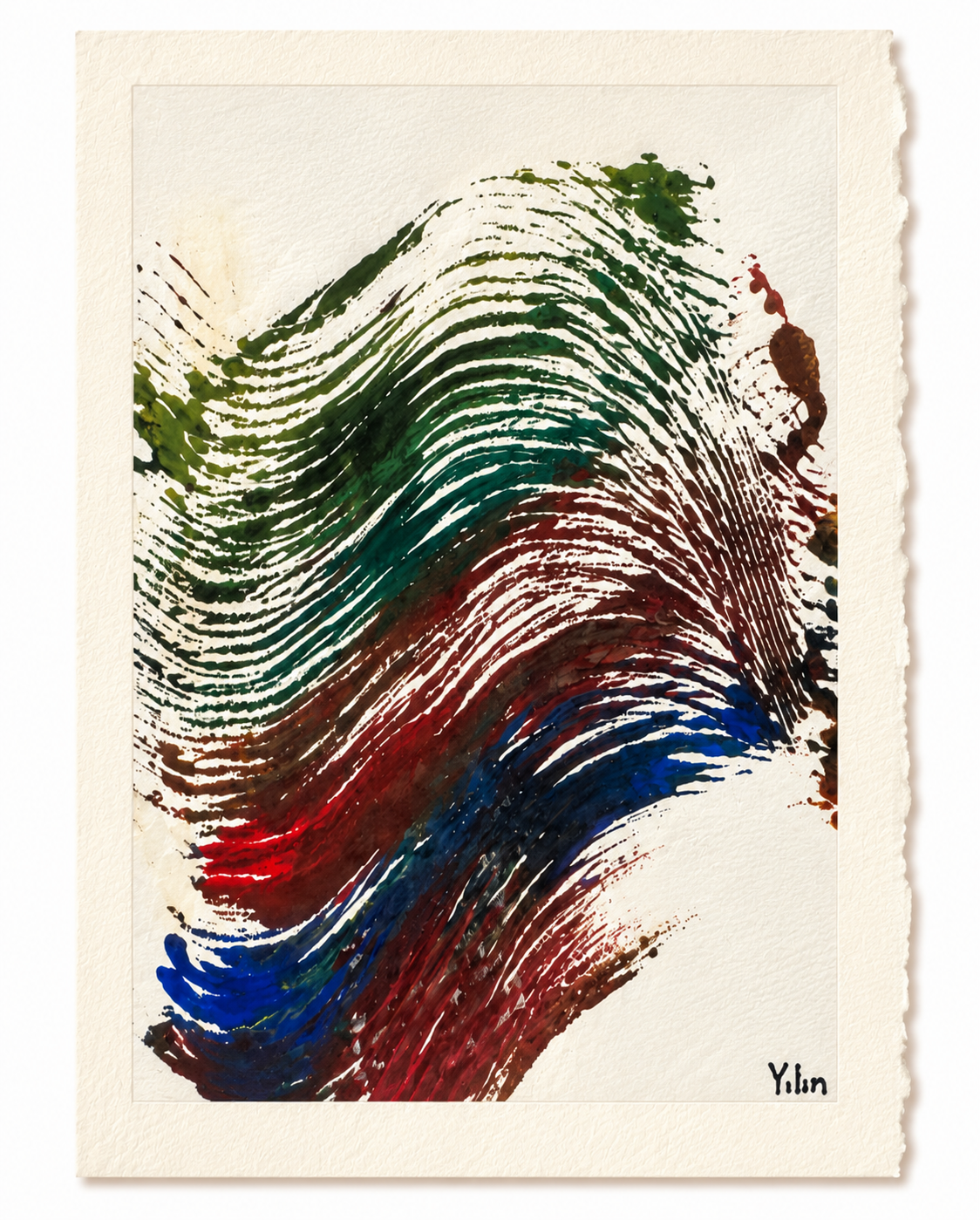 Expressive green, red, and blue waves of brush marks